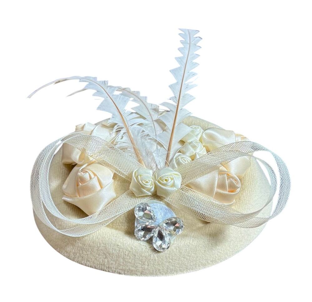 Vintage 1960s White Cream Fascinator Feathers Silk Roses Rhinestone Bridal Hat